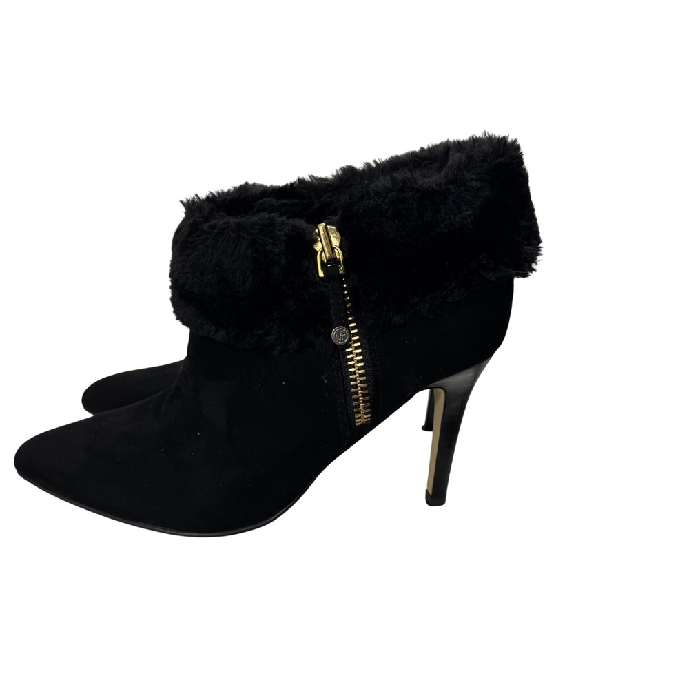 Marc Fisher Women Black Faux Suede Fur Trim Stiletto Ankle Boots Size 9.5